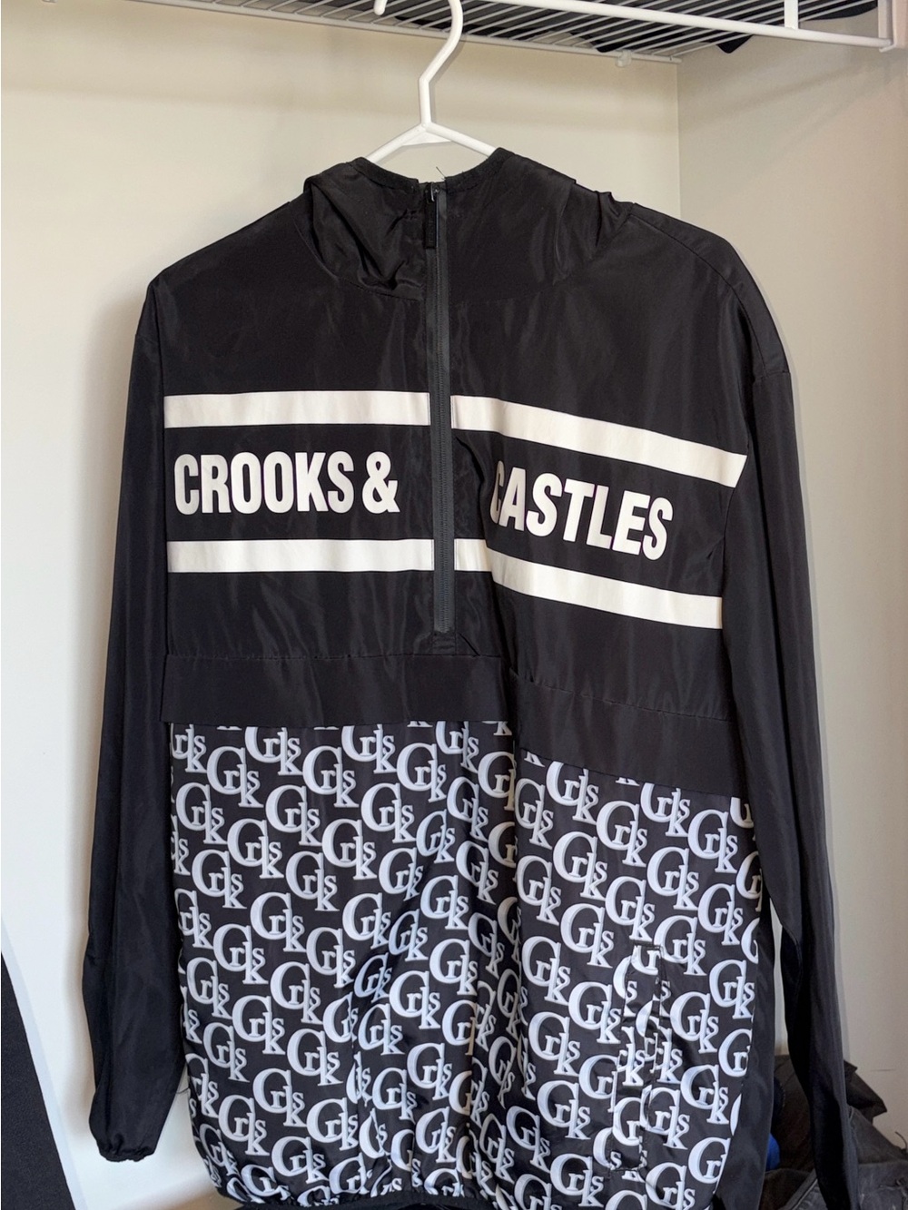 Crooks & Castles Black & White Logo Pattern Windbreaker